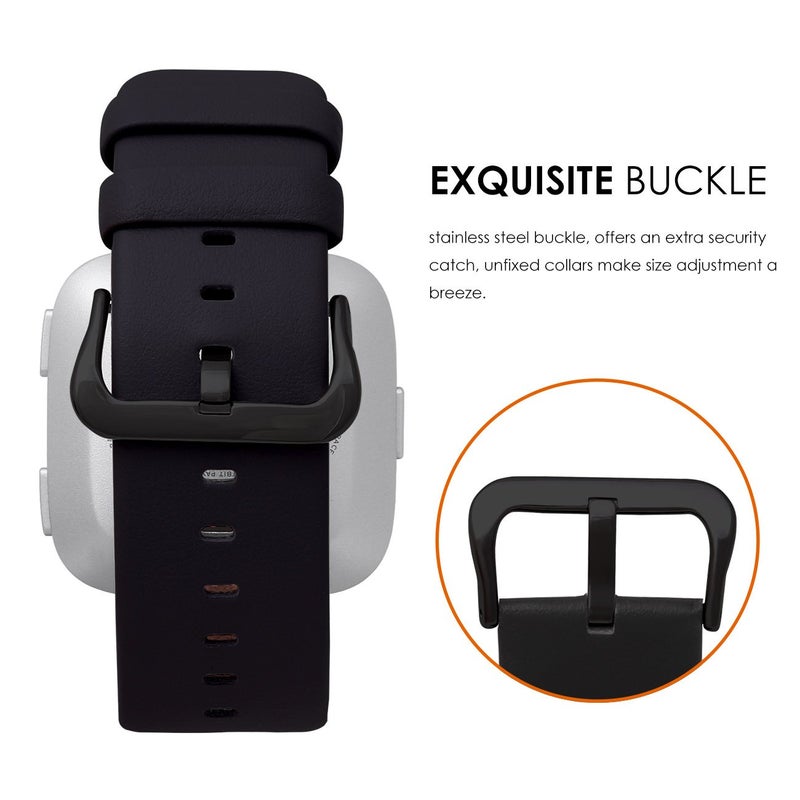 KADES Leather Band Replacement Strap Compatible with Fitbit Versa 2/SE/Lite Smartwatch for Women & Men (Black Band+Black Buckle) - Image 5